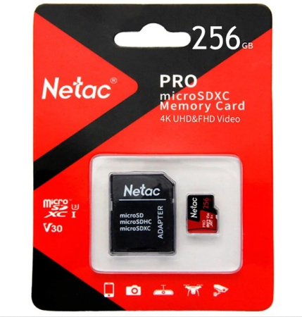 Карта памяти MicroSDXC 256Gb Netac P500 Extreme PRO Class10, U3, V30 [NT02P500PRO-256G-R] (SD адапте
