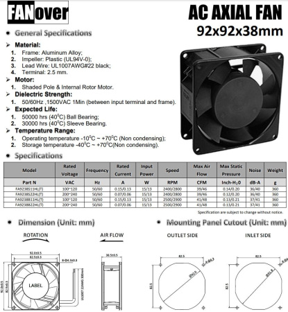Вентилятор  92*92*38мм, 220в, 0.07а, 66.2м3/ч, 36дБ(А), скольжения, FA9238S22HL