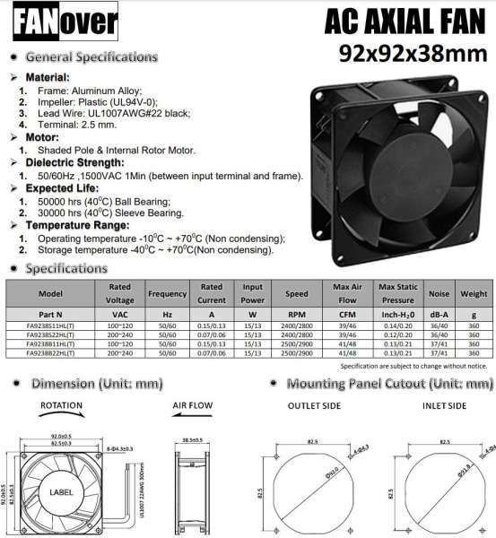 Вентилятор  92*92*38мм, 220в, 0.07а, 66.2м3/ч, 36дБ(А), скольжения, FA9238S22HL