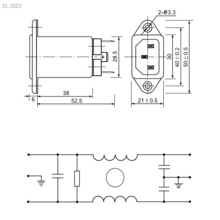 Сетевой фильтр DL-3DZ 2, однофазный, 250в, 3а, вилка C14 на панель, 30*21*58.5мм