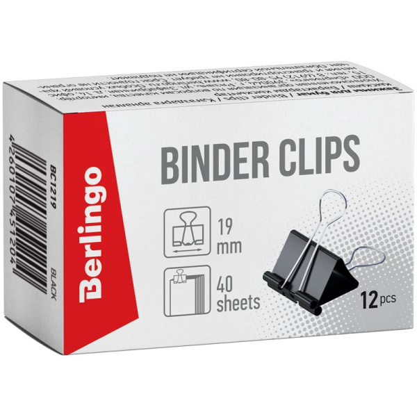 Зажимы для бумаг 19мм. BERLINGO 12шт. черные (BC1219)