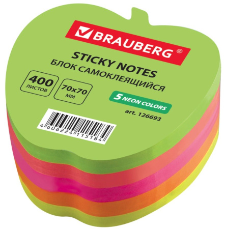Блок самоклеящийся BRAUBERG "Яблоко" 400л., 5цв. (126693)