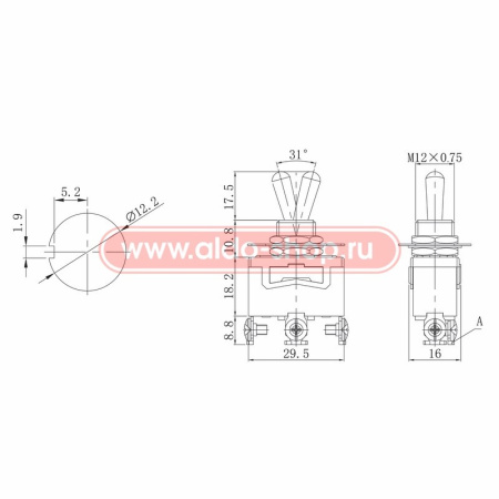 Переключатель тумблерный ON-ON, SPDT, 29*15.8мм М12, AC 250в, 15а, E-TEN-1121
