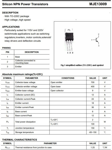 транзистор BJT MJE13009 400V 12A NPN TO220 4Mhz 100W