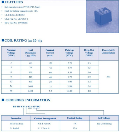 Реле электромагнитное DC 12в, 10а, SPDT, 19*15.5*15.2мм, Bestar BS-115C-12A-12VDC