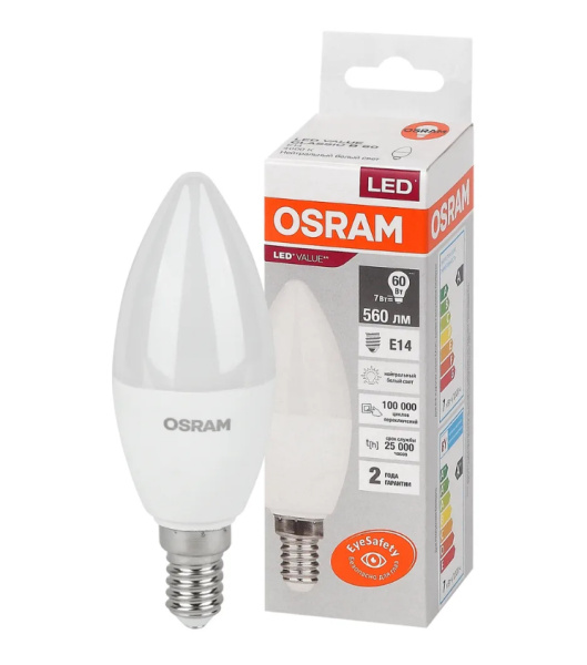 Лампа светодиодная E14 7Вт 4000K свеча Osram LVCLB60 4058075578944