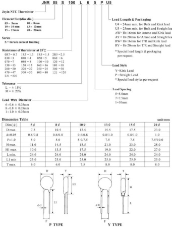Термистор NTC     50ом,  2а, 10мм, 15%, Joyin JNR10S500L