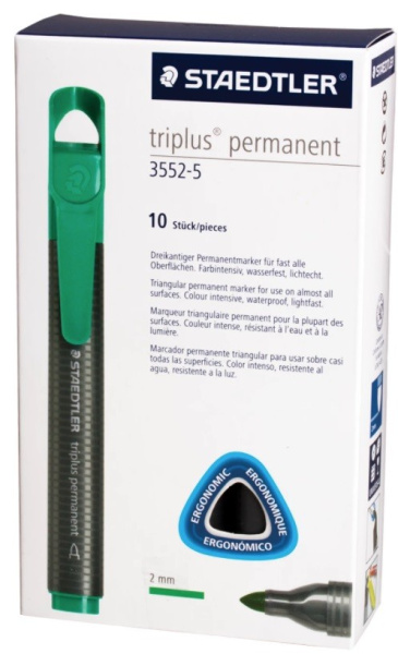Маркер перманентный STAEDTLER "Triplus", ЗЕЛЕНЫЙ, трехгранный, круглый, 2мм, 3552-5