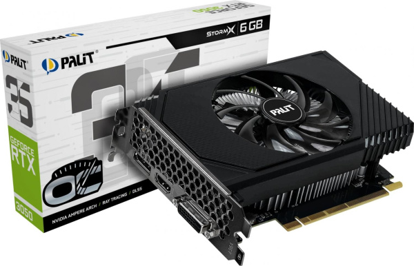Видеокарта Palit PCI-E 4.0 PA-RTX3050 STORMX OC NVIDIA GeForce RTX 3050 6Gb 96bit GDDR6 1042/14000 DVIx1 HDMIx1 DPx1 HDCP Ret