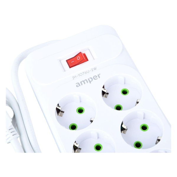 Сетевой удлинитель  2.0м, 6 розеток Amper, JH-1076U-2W, 10А, 2500Вт, 4usb, 2Type-C белый.