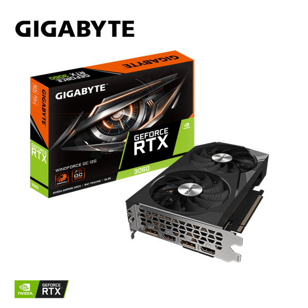 Видеокарта GeForce RTX3060 Gigabyte 12Гб WINDFORCE OC GDDR6,192bit,2HDMI,2DP (GV-N3060WF2OC-12GD 2.0