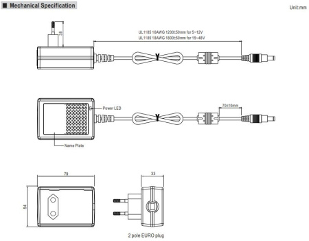 Блок питания сетевой, 12в, 1.5а, 18вт, 5.5*2.1мм (+), сетевая вилка, Mean Well GST18E12-P1J