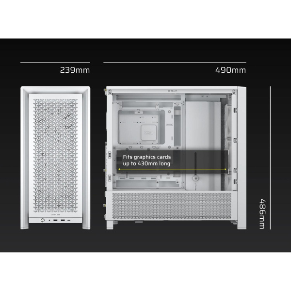 Корпус без блока питания/ Case Corsair Frame 4000D RS, Midi-Tower, TG, 3x120mm, 2xUSB-A 3.2, 1xUSB 3.2 Type-C, E-ATX, ATX, mATX, mITX White