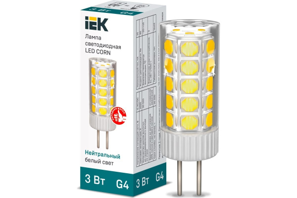 Лампа светодиодная G4 12в 3Вт 4000K IEK LLE-Corn-3-012-40-G4