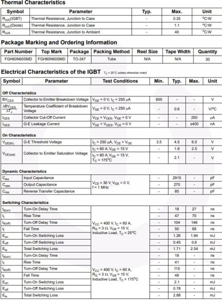 транзистор IGBT FGH60N60SMD ON Semiconductor, 600V, 60A, TO247