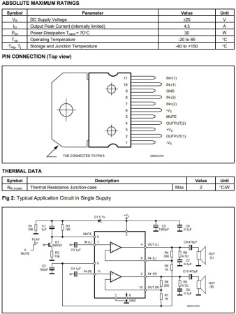 микросхема TDA7265 STM, УМЗЧ, 2*25W, ±5…25V, Multiwatt11