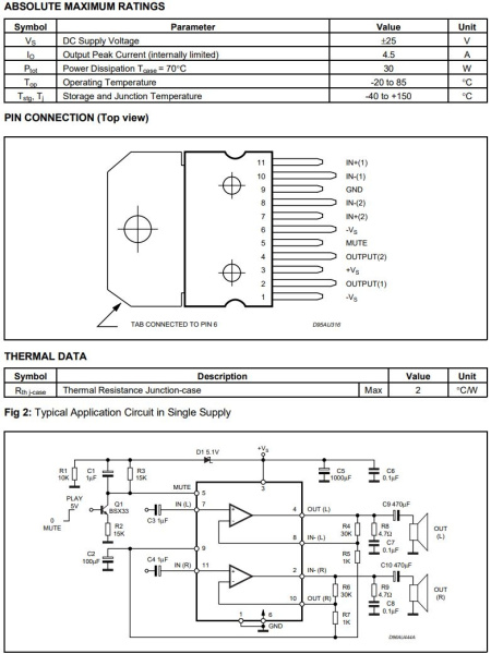 микросхема TDA7265 STM, УМЗЧ, 2*25W, ±5…25V, Multiwatt11