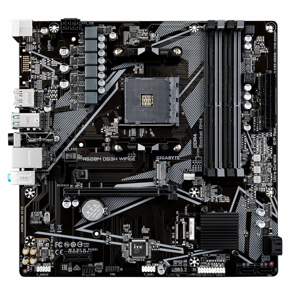 Мат.плата SocAM4 AMD A520 Gigabyte A520M DS3H WF6E (mATX,4DDR4,M.2,PCI-E16,PCI-E,DP,DP,HDMI,PC3200,Wi-Fi 6,BT 5.3)