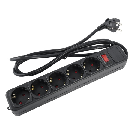Сетевой фильтр  1.8м, 5 розеток Perfeo, REAL POWER, 16А, 3500Вт, с выключателем, тройная защита, черный