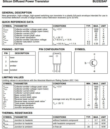 транзистор BJT BU2525AF 800V 12A NPN SOT199 45W