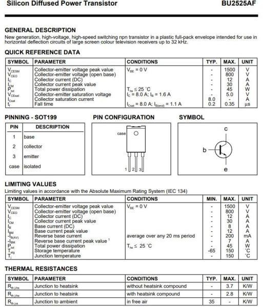 транзистор BJT BU2525AF 800V 12A NPN SOT199 45W