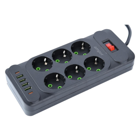 Сетевой удлинитель  2.0м, 6 розеток Amper, JH-1076U-2B, 10А, 2500Вт, 4usb, 2Type-C черный
