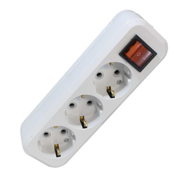 Колодка электрическая 3 розетки, земля, выключатель, белый, КД-003-3