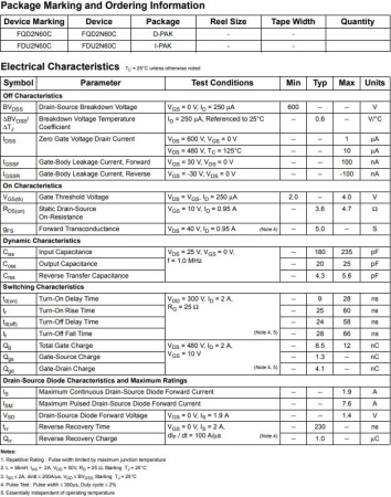 транзистор FET FQD2N60C 600V 1.9A N-Ch 4.7ohm TO252 DPak