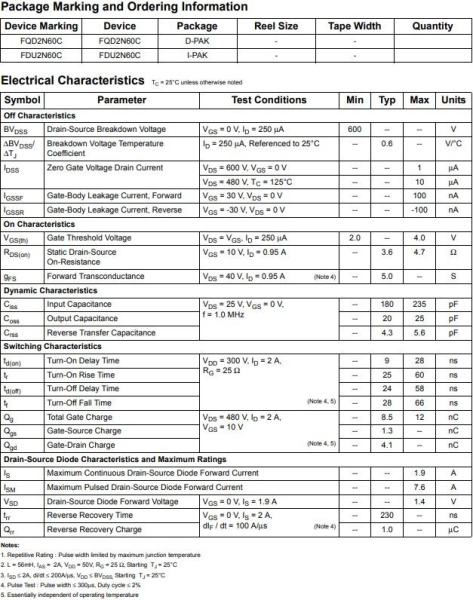 транзистор FET FQD2N60C 600V 1.9A N-Ch 4.7ohm TO252 DPak