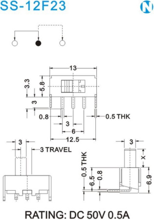 Переключатель движковый SS-12F23(1P2T) на плату шаг 3.0мм угловой (DC 50V 0.5A)