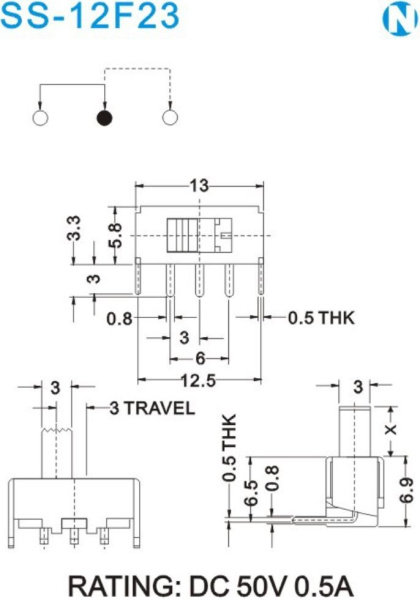 Переключатель движковый SS-12F23(1P2T) на плату шаг 3.0мм угловой (DC 50V 0.5A)