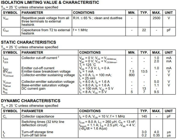 транзистор BJT BU2525AF 800V 12A NPN SOT199 45W