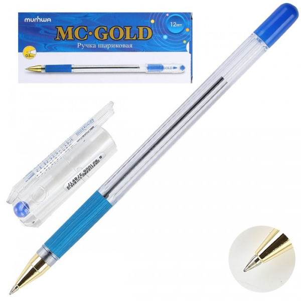 Ручка шариковая MunHwa MC-GOLD 0,5мм., масляная, синяя, грип (BMC-02)