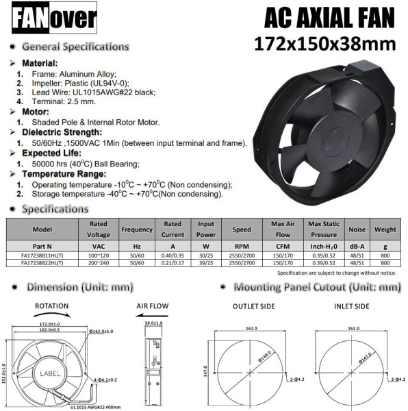 Вентилятор 172*150*38мм, 220в, 0.21а, 254.8м3/ч, 48дБ(А), качения, FA17238B22HL