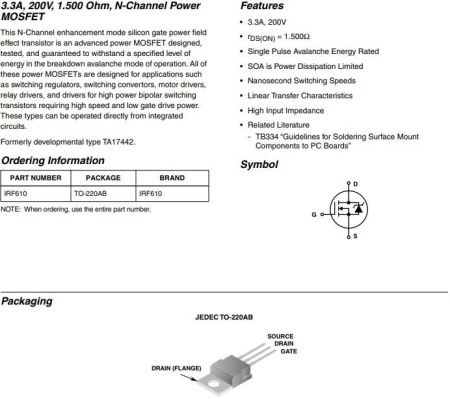 транзистор FET IRF610 200V 3.3A N-Ch 1.5ohm TO220