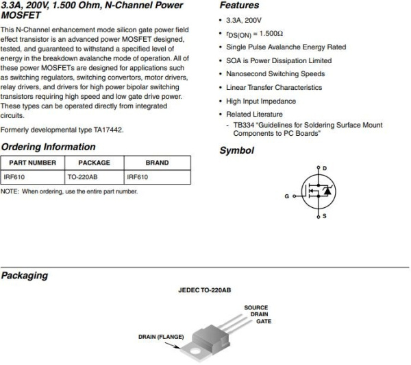 транзистор FET IRF610 200V 3.3A N-Ch 1.5ohm TO220