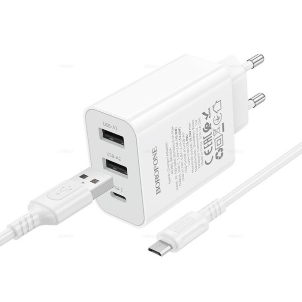 Зарядное_устройство - USB 2*15W+Type C/2.4A BOROFONE BA105A + кабель Micro USB белый