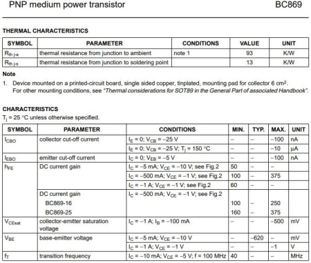 транзистор BJT BC869 20V 2A PNP SOT89 140Mhz 1350mW