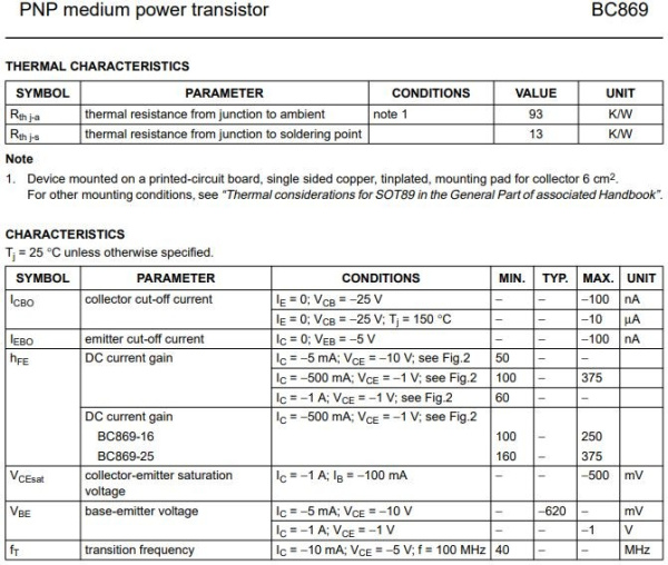 транзистор BJT BC869 20V 2A PNP SOT89 140Mhz 1350mW