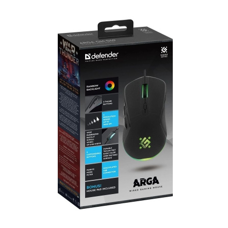 Игровая мышь USB Defender Arga GM-049 оптика, 6 кнопок, 3600dpi, черн,радуж +ковер
