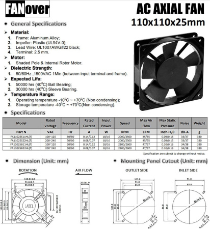 Вентилятор 110*110*25мм, 220в, 0.08а, 76.4м3/ч, 33дБ(А), скольжения, FA11025S22HL