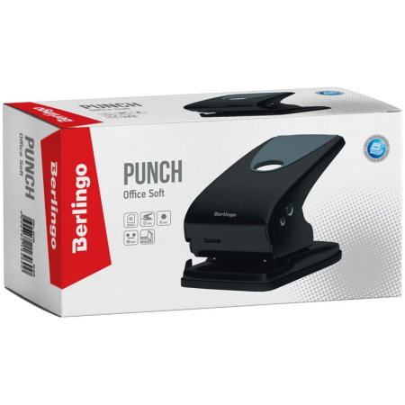 Дырокол BERLINGO "Office Soft" на 65л. металл., черный с линейкой (DDm_65168)