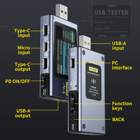 USB тестер Fnirsi FNB58, 4-28В, 0-7А, QC4, PD3.0, FCP, SCP, AFC, VOOC/WARP, SVOOC 2.0, Bluetooth