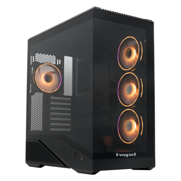 Корпус без блока питания/ Case HSPD F711, Panoramic Full Tower, Black, TG, 0.7 SPCC, 4x120mm ARGB (FN027) ATX, mATX, mITX 190/420/280mm 2x2.5", 2x3.5", 7xPCI 1xUSB-A 3.0, 1xUSB-C 445x235x475mm