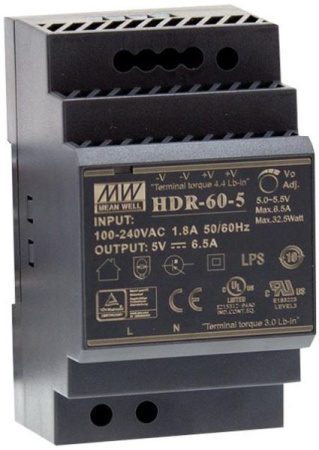 Блок питания на DIN рейку  5в,  6.5а, 52.5*90*54.5мм, Mean Well HDR-60-5