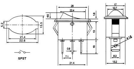 Переключатель клавишный ON-OFF, SPST, 250в, 6а, овал 22.6*13.5мм, индикация, красный, Ruichi DAV R