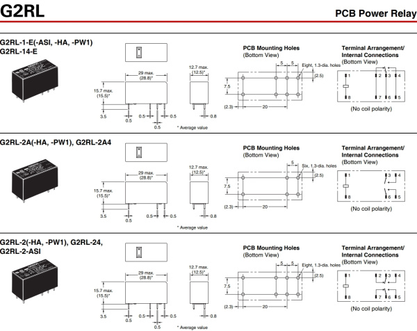 Реле электромагнитное DC  5в,  8а, DPDT, 29*12.7*15.7мм, Omron G2RL-24 5VDC