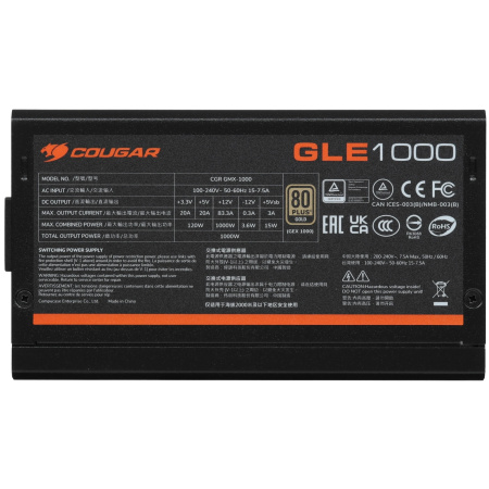 Блок питания 1000Вт Cougar GLE 1000 (APFC,135мм,6PCI-E,16pin(12V-2x6),12SATA,80+Gold,модульный)[CGR GMX-1000]