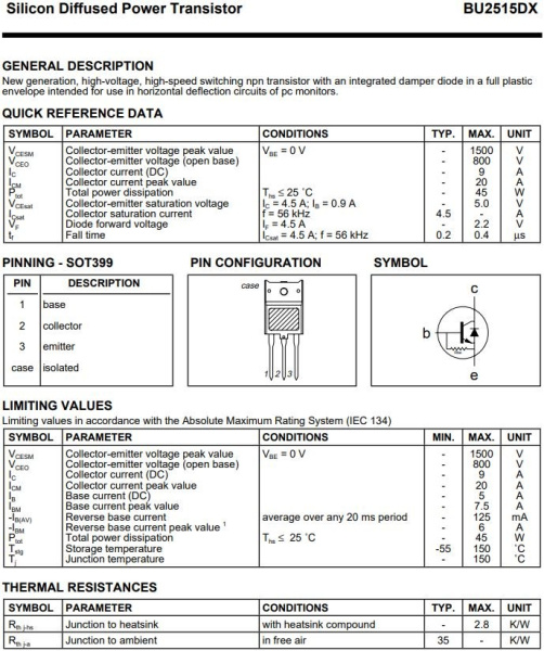 транзистор BJT BU2515DX 800V 9A NPN SOT399 45W
