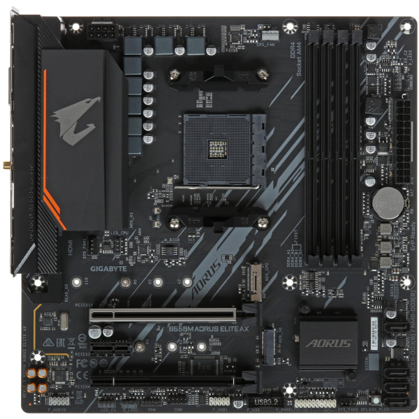 Мат.плата SocAM4 AMD B550 Gigabyte B550M AORUS ELITE AX (mATX,4DDR4,2M.2,2PCI-E16,PCI-E,HDMI,DVI,PC4733,Wi-Fi,BT)